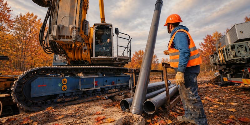 Autumn construction site with site equipment and male worker wearing hi-vis.
